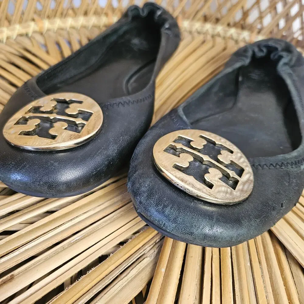 Tory Burch Minnie Ballet Flats 9.5 Black‎ Gold - Fair - Picture 2 of 12